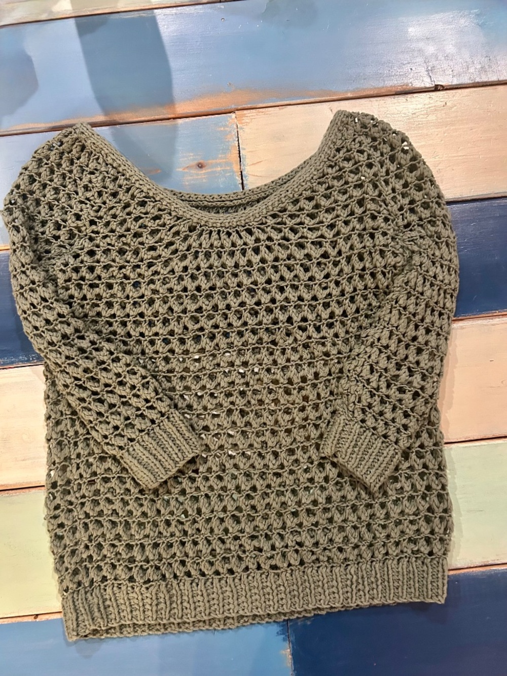 Theory S Olive Green Open Knit Crochet Sweater 3/4 Sleeve